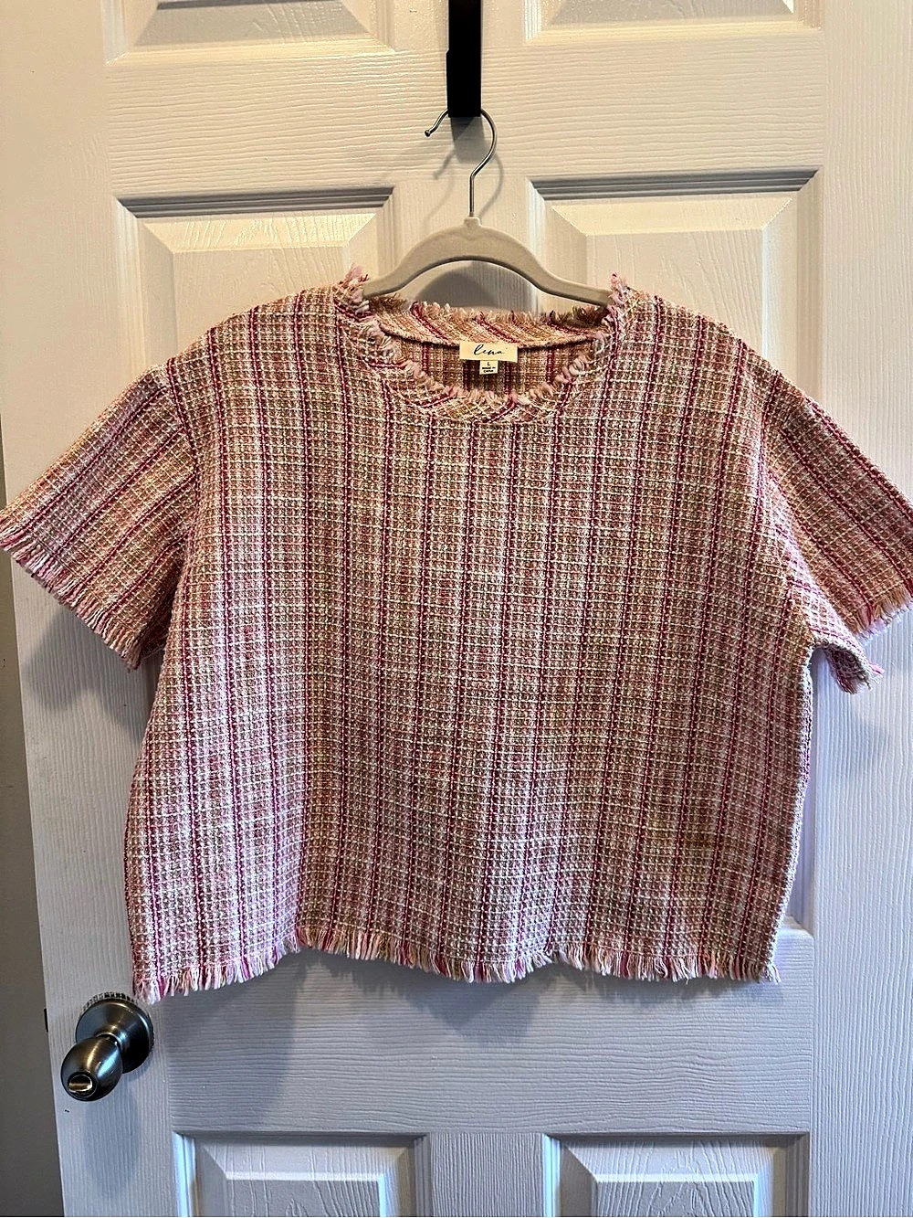 Lena Tweed Fringe Short Sleeve Top in Pink & White size L